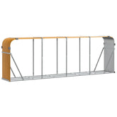 Light brown galvanized steel log holder with a curved wooden end.